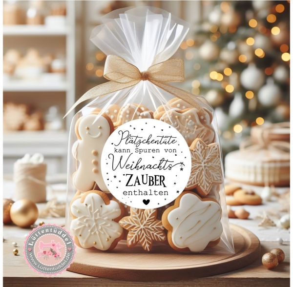 24 zuckersüßer Sticker Aufkleber 4cm kann Plätzchentüte Spuren von Weihnachtszauber enthalten Weihnachten Christmas von Lüttentüddel®